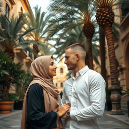 A short-statured woman wearing a hijab in love with a tall, white-skinned young man