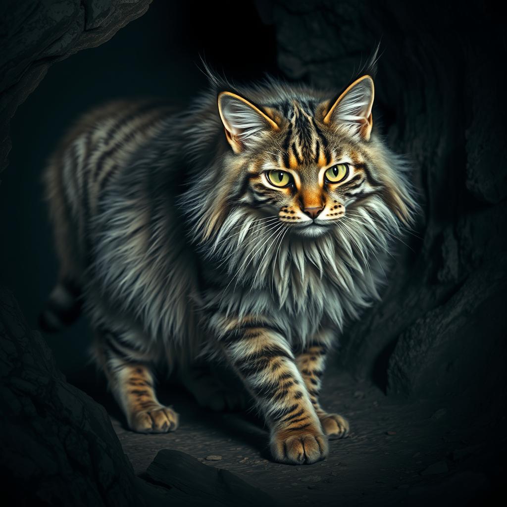 A grey and fluffy warrior cat with striking striped fur and a formidable presence, confidently exploring a dimly lit cave