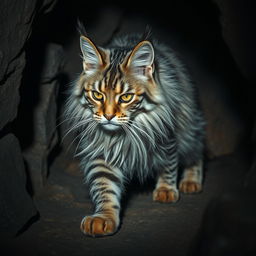 A grey and fluffy warrior cat with striking striped fur and a formidable presence, confidently exploring a dimly lit cave