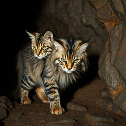 A grey and fluffy warrior cat with striking striped fur and a formidable presence, confidently exploring a dimly lit cave