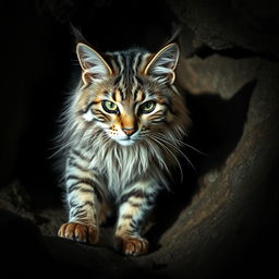 A grey and fluffy warrior cat with striking striped fur and a formidable presence, confidently exploring a dimly lit cave