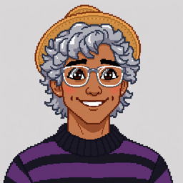 Pixel art of a 22-year-old masculine figure with shoulder-length curly gray hair, wearing a straw hat and silver glasses