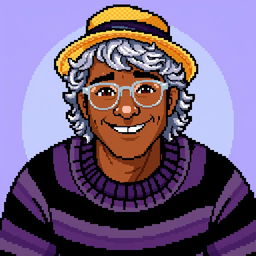 Pixel art of a 22-year-old masculine figure with shoulder-length curly gray hair, wearing a straw hat and silver glasses