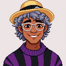 Pixel art of a 22-year-old masculine figure with shoulder-length curly gray hair, wearing a straw hat and silver glasses