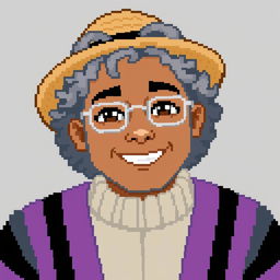 Pixel art of a 22-year-old masculine figure with shoulder-length curly gray hair, wearing a straw hat and silver glasses