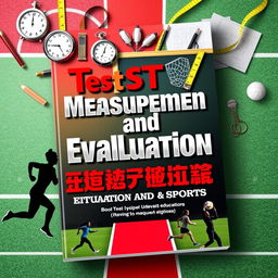 A dynamic book cover for "Test Measurement and Evaluation in Physical Education and Sports," featuring an engaging and educational design