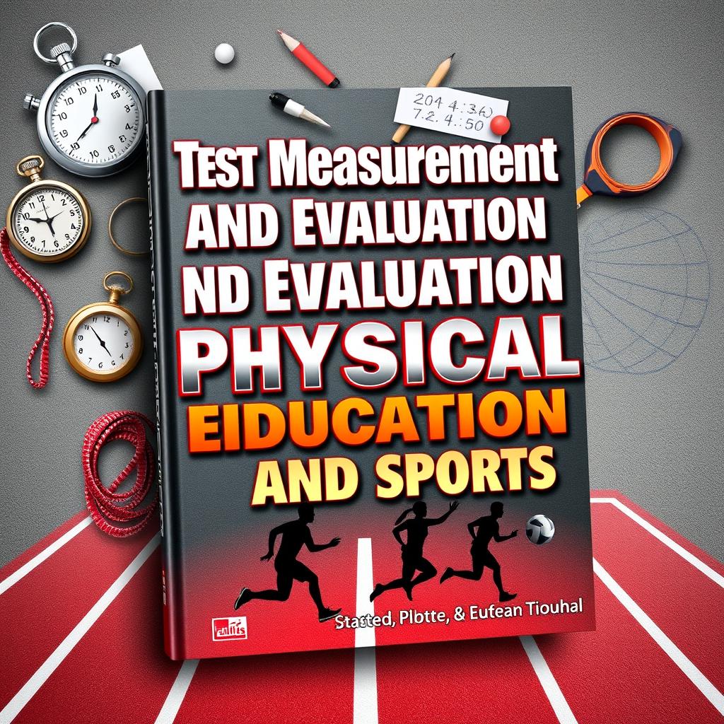 A dynamic book cover for "Test Measurement and Evaluation in Physical Education and Sports," featuring an engaging and educational design