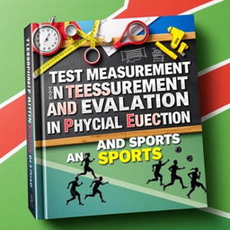 A dynamic book cover for "Test Measurement and Evaluation in Physical Education and Sports," featuring an engaging and educational design