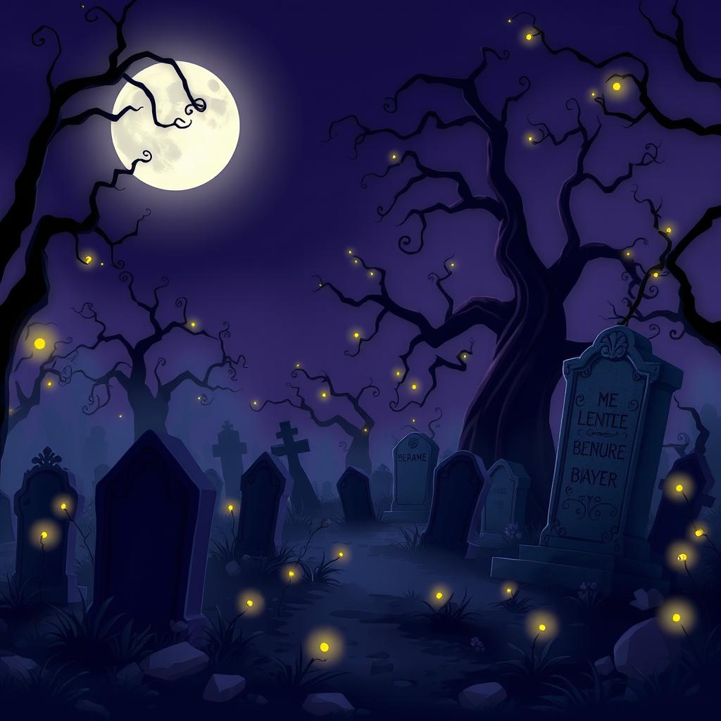 A dark and mysterious animation background of a graveyard in the style of Disney