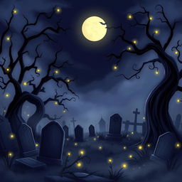 A dark and mysterious animation background of a graveyard in the style of Disney