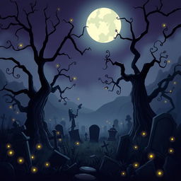 A dark and mysterious animation background of a graveyard in the style of Disney