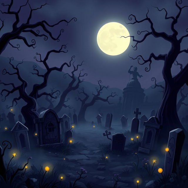 A dark and mysterious animation background of a graveyard in the style of Disney