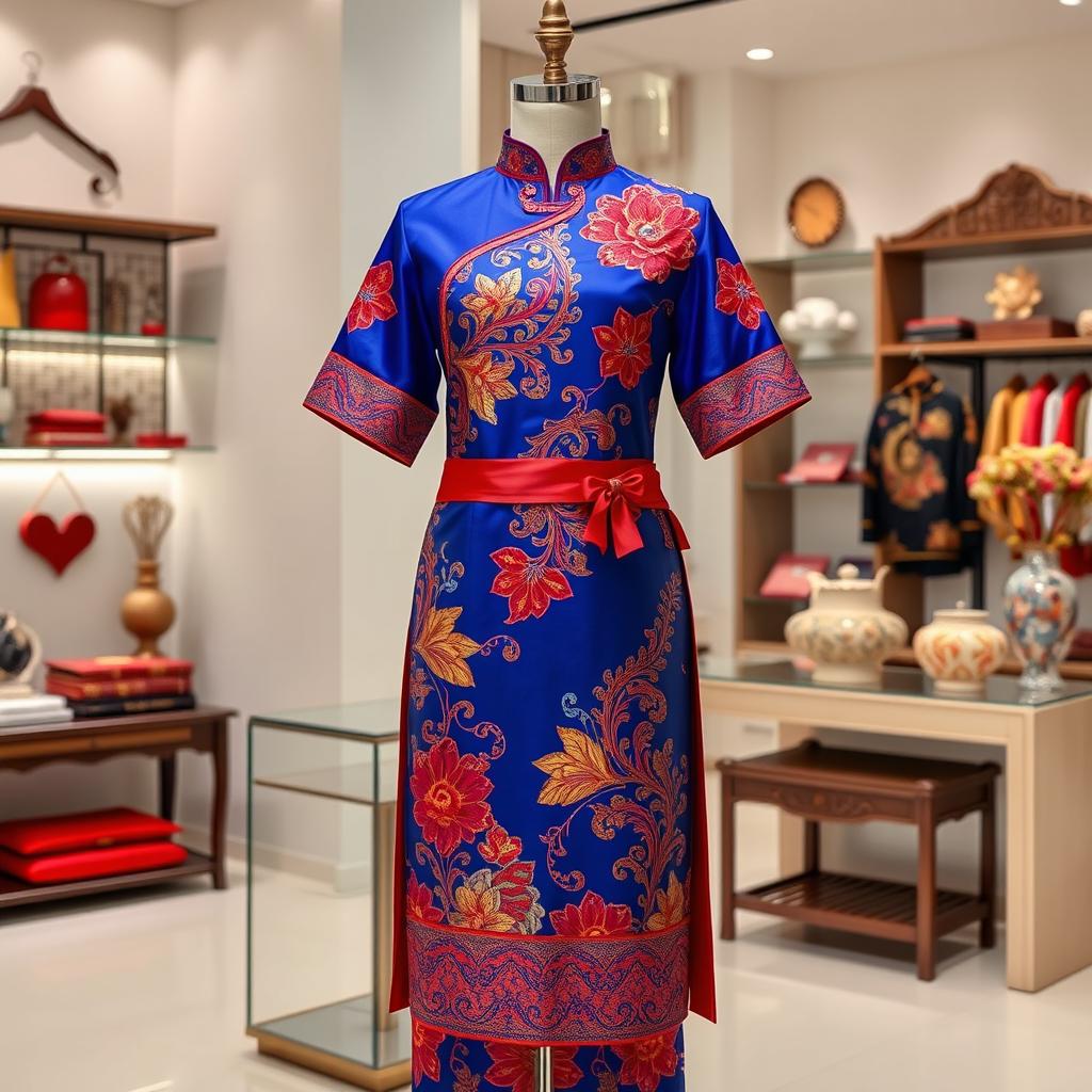 A beautifully designed traditional Malaysian "baju" with intricate embroidery and vibrant patterns