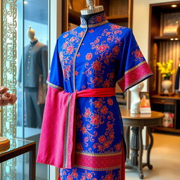 A beautifully designed traditional Malaysian "baju" with intricate embroidery and vibrant patterns