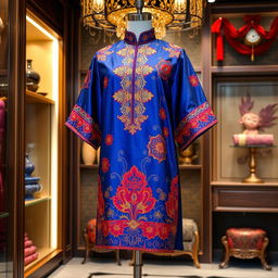 A beautifully designed traditional Malaysian "baju" with intricate embroidery and vibrant patterns