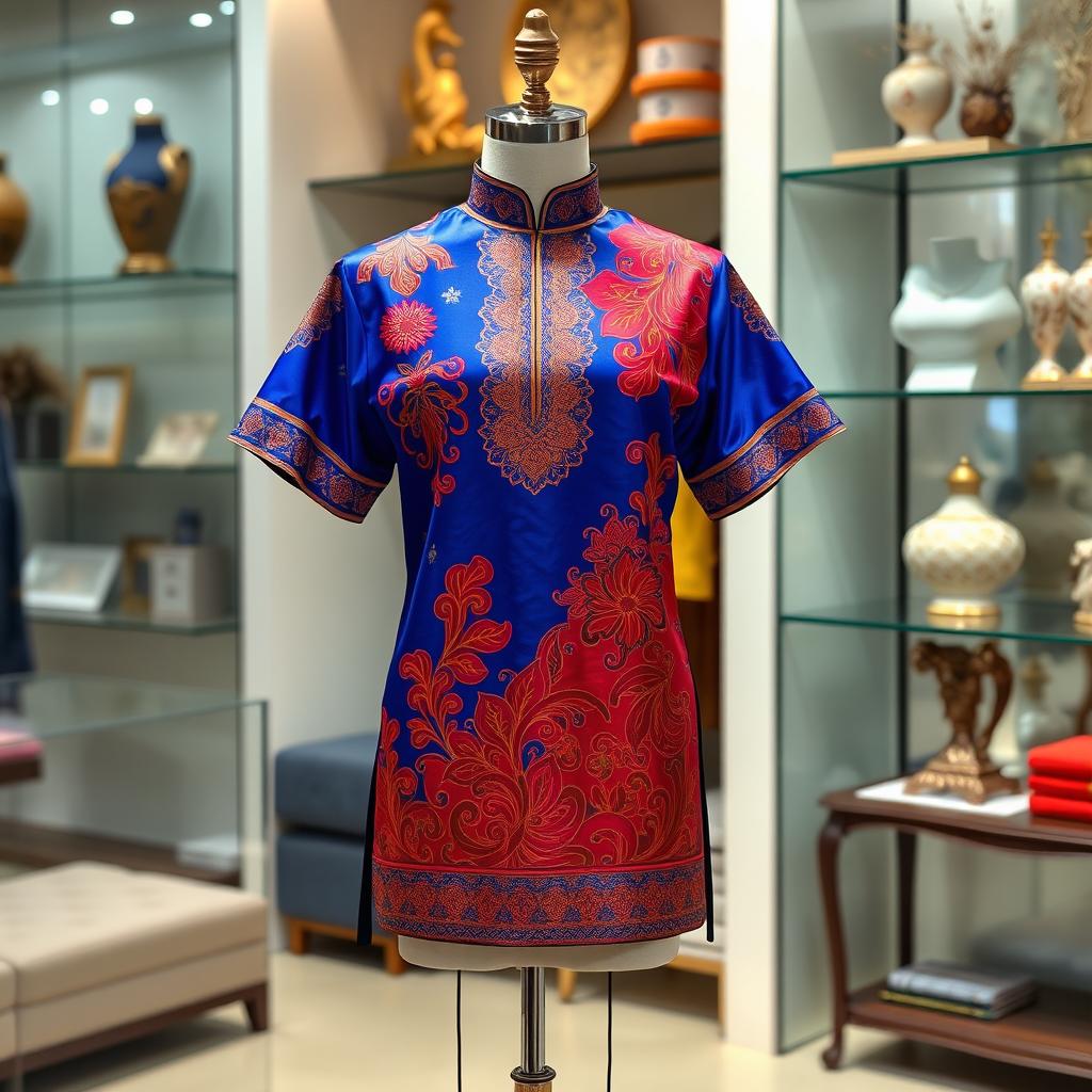 A beautifully designed traditional Malaysian "baju" with intricate embroidery and vibrant patterns