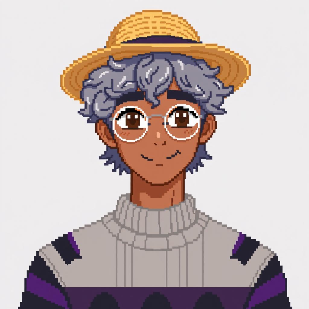 Pixel art of a 22-year-old masculine character with shoulder-length curly gray hair, wearing a straw hat and silver round glasses