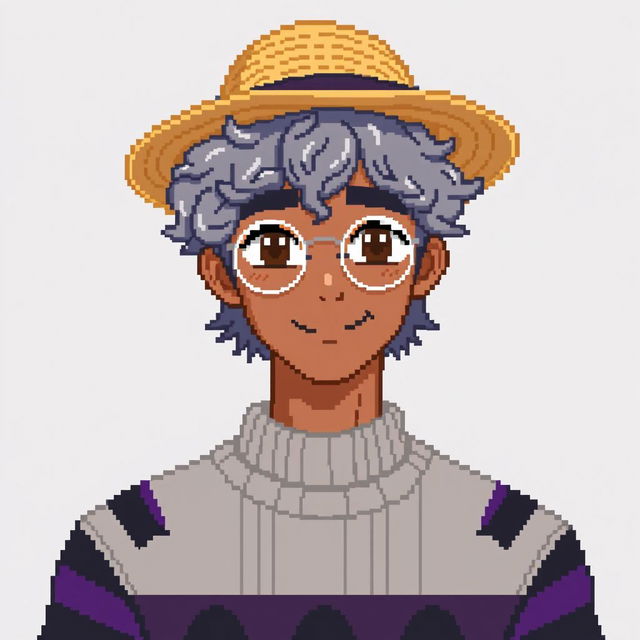 Pixel art of a 22-year-old masculine character with shoulder-length curly gray hair, wearing a straw hat and silver round glasses