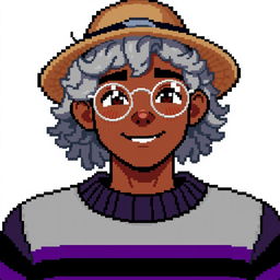 Pixel art of a 22-year-old masculine character with shoulder-length curly gray hair, wearing a straw hat and silver round glasses