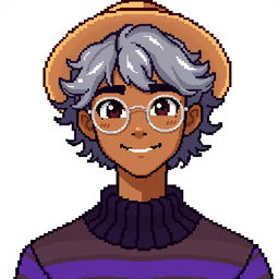 Pixel art of a 22-year-old masculine character with shoulder-length curly gray hair, wearing a straw hat and silver round glasses