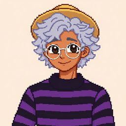 Pixel art of a 22-year-old masculine character with shoulder-length curly gray hair, wearing a straw hat and silver round glasses