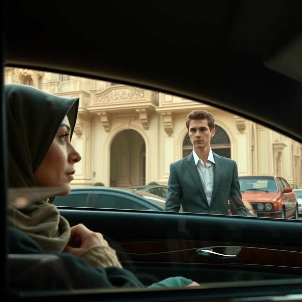 A short-statured woman wearing a hijab peering through the window of a taxi, observing a tall, white-skinned young man in Egypt's wealthy neighborhood