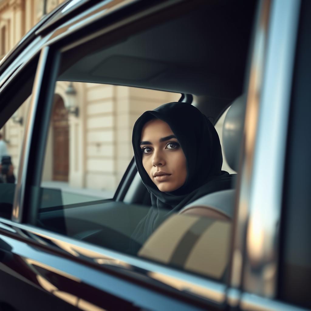 A short-statured woman wearing a hijab peering through the window of a taxi, observing a tall, white-skinned young man in Egypt's wealthy neighborhood