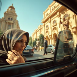 A short-statured woman wearing a hijab peering through the window of a taxi, observing a tall, white-skinned young man in Egypt's wealthy neighborhood