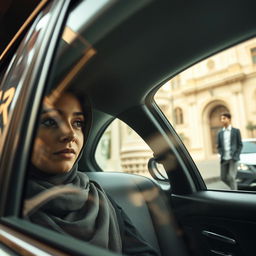 A short-statured woman wearing a hijab peering through the window of a taxi, observing a tall, white-skinned young man in Egypt's wealthy neighborhood