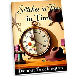 A delightful book cover for "Stitches in Time", a cozy mystery novel