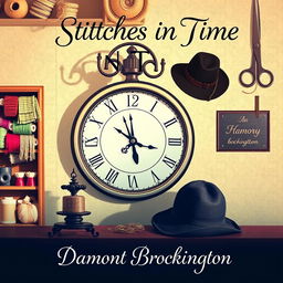 A delightful book cover for "Stitches in Time", a cozy mystery novel