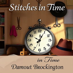 A delightful book cover for "Stitches in Time", a cozy mystery novel