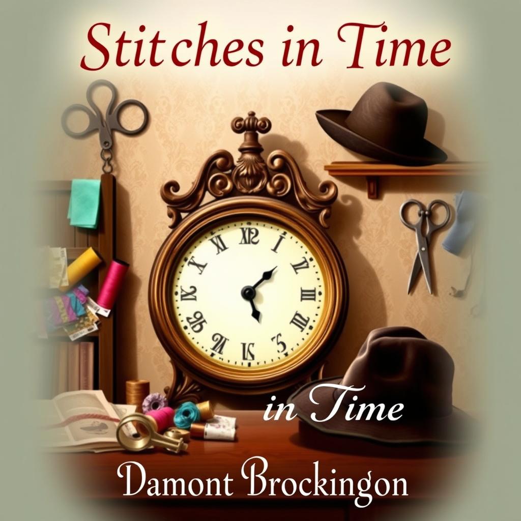 A delightful book cover for "Stitches in Time", a cozy mystery novel