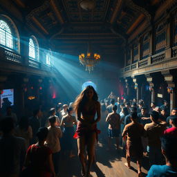 Inside an old Nepali dance club showcasing majestic and ancient architecture