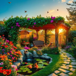 A lush and tranquil garden oasis, filled with vibrant flowers, cascading water features, and a cozy seating area sheltered by a pergola draped in vines