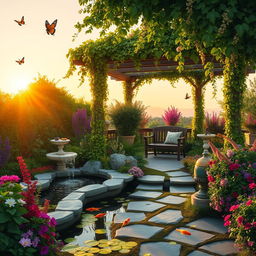 A lush and tranquil garden oasis, filled with vibrant flowers, cascading water features, and a cozy seating area sheltered by a pergola draped in vines