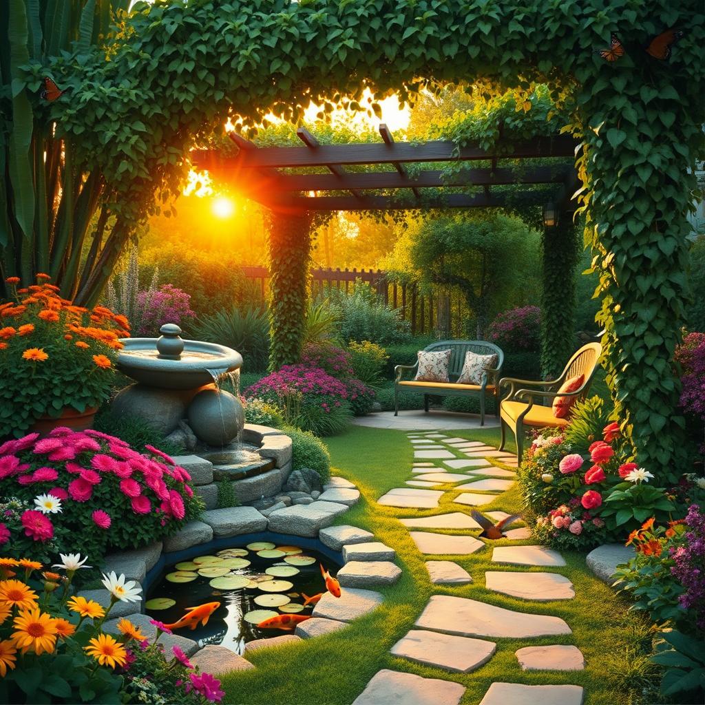 A lush and tranquil garden oasis, filled with vibrant flowers, cascading water features, and a cozy seating area sheltered by a pergola draped in vines