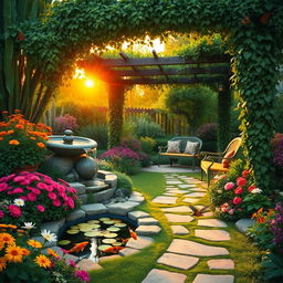 A lush and tranquil garden oasis, filled with vibrant flowers, cascading water features, and a cozy seating area sheltered by a pergola draped in vines