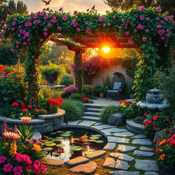 A lush and tranquil garden oasis, filled with vibrant flowers, cascading water features, and a cozy seating area sheltered by a pergola draped in vines