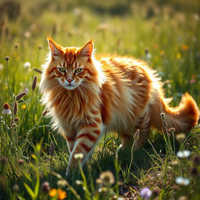 A vibrant orange warrior cat with fluffy fur and distinctive striped patterns, gracefully moving through a sunlit meadow