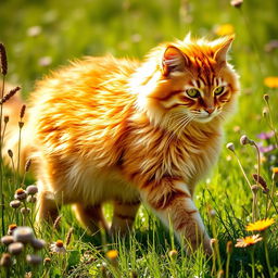 A vibrant orange warrior cat with fluffy fur and distinctive striped patterns, gracefully moving through a sunlit meadow