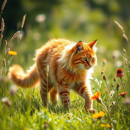 A vibrant orange warrior cat with fluffy fur and distinctive striped patterns, gracefully moving through a sunlit meadow