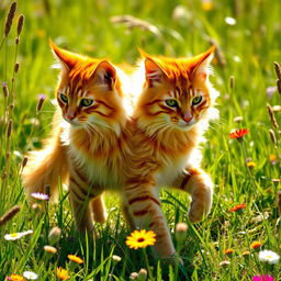 A vibrant orange warrior cat with fluffy fur and distinctive striped patterns, gracefully moving through a sunlit meadow