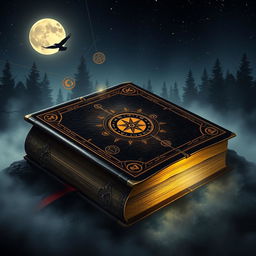 A captivating and mysterious book cover design featuring an ancient, leather-bound tome with intricate gold embossing