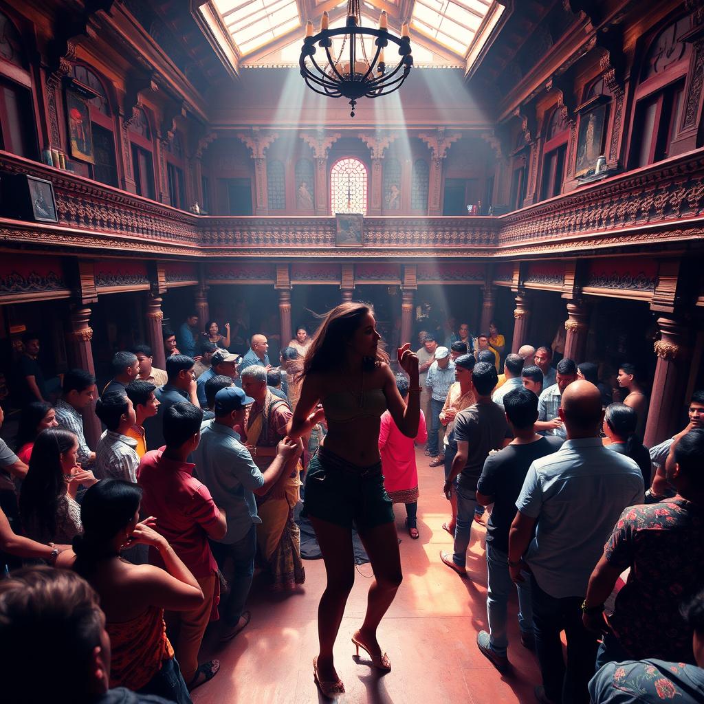 Inside an old Nepali dance club with grand and historic architecture