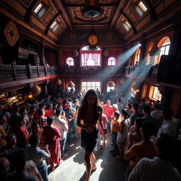 Inside an old Nepali dance club with grand and historic architecture