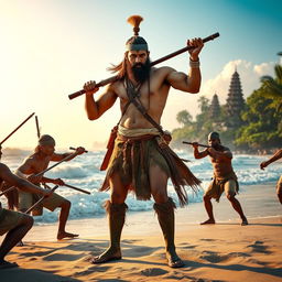 A valiant warrior standing on a sandy beach, holding a sturdy cane in a defensive stance