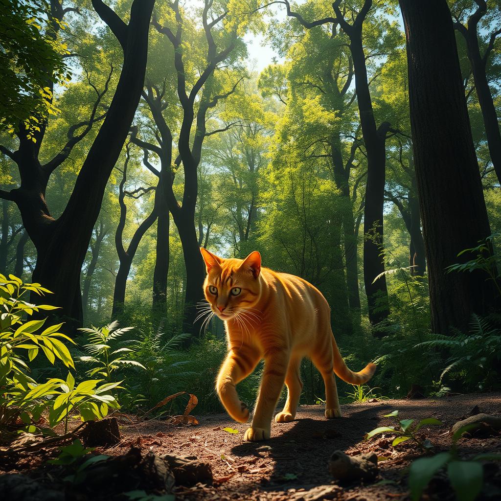 A majestic orange warrior cat with a sleek and powerful build, navigating through a dense forest