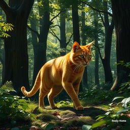 A majestic orange warrior cat with a sleek and powerful build, navigating through a dense forest