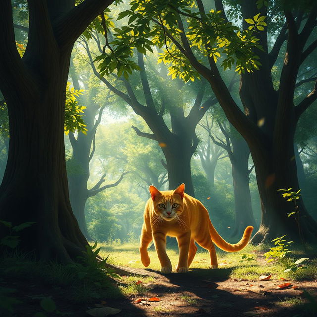 A majestic orange warrior cat with a sleek and powerful build, navigating through a dense forest